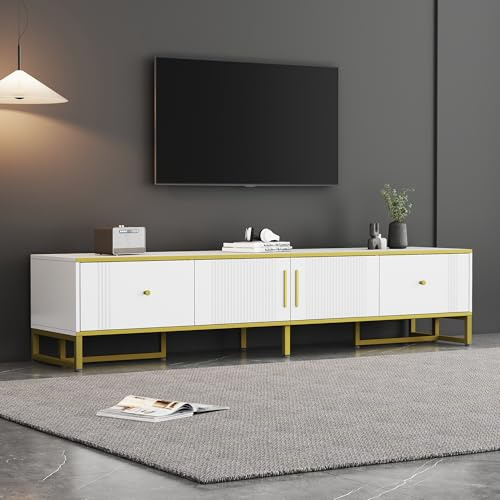 DUlVBPE Eleganter weißer TV-Schrank, 180x40x40 cm, mit Goldener Umrandung, 2 Türen, 2 Schubladen, verstellbaren Füßen und Kabelmanagement – ideal für 80-Zoll-Fernseher