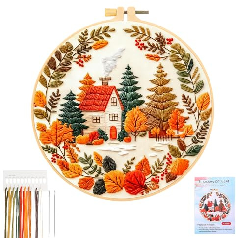 JSRQT Automne Kit de Démarrage de Broderie,Maison D'automne Broderie Starter Kit,Couture D'art Fait à La Main Accessoires,Embroidery Starter Kit pour Débutant