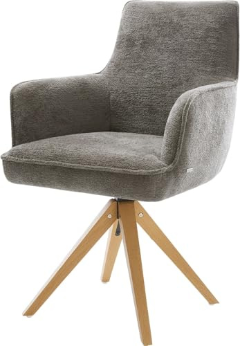DELIFE Esszimmerstuhl Heira-Flex mit Armlehnen Holzgestell kantig Natur Bouclé Soft Schlamm 180° drehbar Taschenfederkern