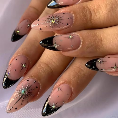 24PCS Almond False Nails, Medium Length Pink French Press on Nails with 3D Star Design, Black Edge Press-On Full Cover Acrylic Nail, Removable Glue-On Fake Nail for Women & Girls, Thoughtful Gift