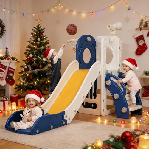 Toddler Slide, Outdoor Indoor Slide for Toddlers 1-3, Freestanding Slides with Basketball Hoop, Telescope, Storage Space and Non-Slip Steps (Blue)