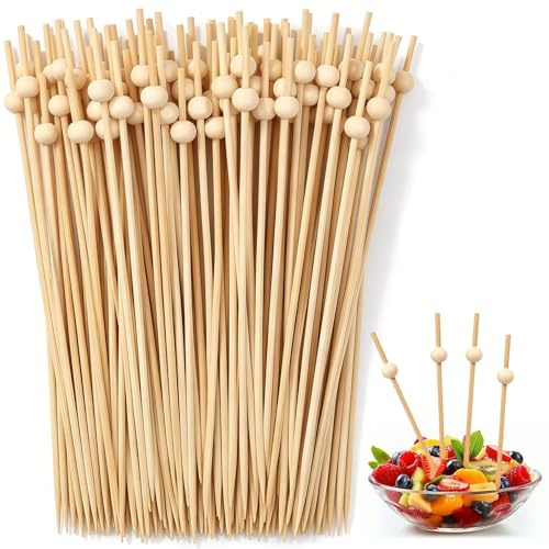 OAOSDH 200 Palitos Redondos Pequeños De Perlas De Color Madera, Palitos De Cóctel De Frutas, Brochetas para Picar, Suministros De Decoración para Hornear(12 Cm).