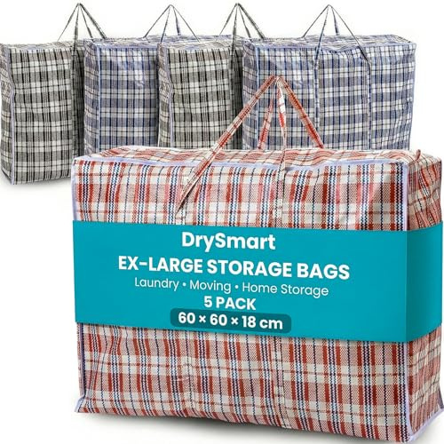 DrySmart 5 Pack Extra Large Storage Bags with Zips (60cmX60cmX18cm) – Durable, Waterproof, Reusable Laundry Bags for Clothes, Wardrobe, Laundry Organization, Moving & Home Storage
