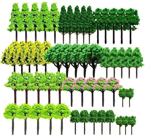 YUESIKJ 55 Stück Modellbau Bäume (3-7cm), Gemischte Miniatur Bäume, für Sandtisch DIY Landschaft Modelleisenbahn, Miniatur Diorama Deko, Mini Landschaft