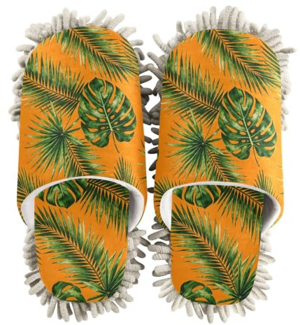 siphylline Mikrofaser-Hausschuhe zum Wischen von Hausböden, Staubreiniger, Grüne hawaiianische tropische Pflanzen, Orange, Medium