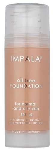 IMPALA | Ölfreies Make-up Grundierung Farbton Nr. 02 | Seidiges und leuchtendes Finish | Leichtes ölfreies Make-up | Mit Sonnenschutz SPF15, Vitamin E und Aloe-Extrakt | Für alle Hauttypen | 30 ml