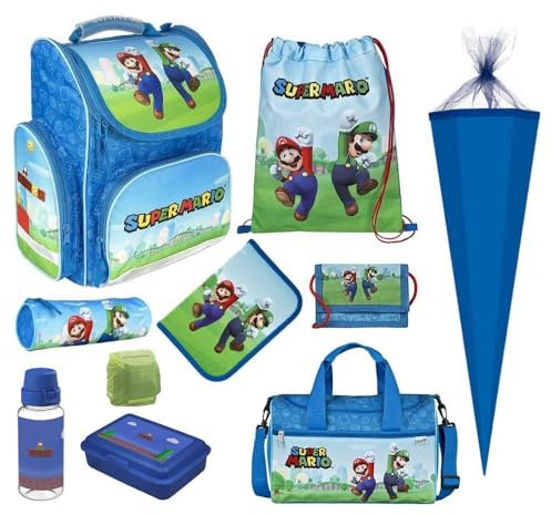 Familando Schulranzen 1. Klasse · ergonomischer Tornister · Schultasche für Jungen und Mädchen (Komplett Set mit Schultüte, Super Mario Game)