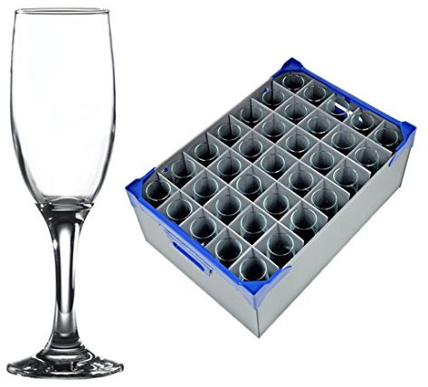 Champagne Prosecco Flutes x 35 and Glassware Storage Box (Glassjack) | Catering Quality Glassware by Genware | x 35 Premium Champagne Glasses 23cl / 8oz and x1 Glassware Storage Box with Lid