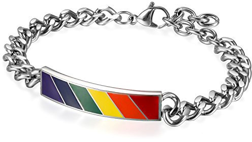 Flongo Partner Armband, Edelstahl Armband Armreifen Armkette Silber Mehrfarbig Regenbogen Streifen Gay Pride Schwul Homosexual Homosexuell Panzerkette Kette Partnerarmbänder Herren