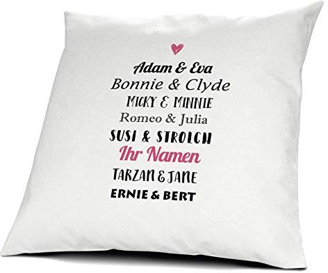 printplanet® Kissen mit Namen personalisiert - 100% Baumwoll Kopfkissen - Motiv Berühmte Paare individuell gestalten - Kissenbezug inkl. Füllung - 40 x 40 cm