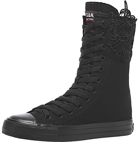 rismart Mujer Botas Lona Media pierna Punk Altos Cordones Moda Sneakers