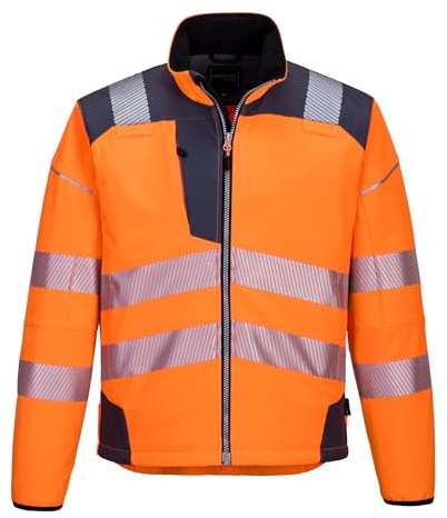 Portwest T402 PW3 Hi-Vis Softshell Long Sleeve Water Resistant Bound Cuffs | Orange/Black, X Small, RIS 3279-TOM, UPF 40+, EN ISO 20471, Curved Back Hem, Secure Storage, 2 Side Zip Pockets, Reflective