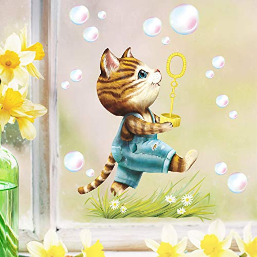 Wandtattoo Loft Fensterbilder Frühling Katze & Luftblasen Motiv – A4 Bogen, Wiederverwendbar – Frühlingsdeko Fenster, Frühlingsbild Fenster, Fensterdeko Frühling, Fensterfolie Frühling Selbstklebend