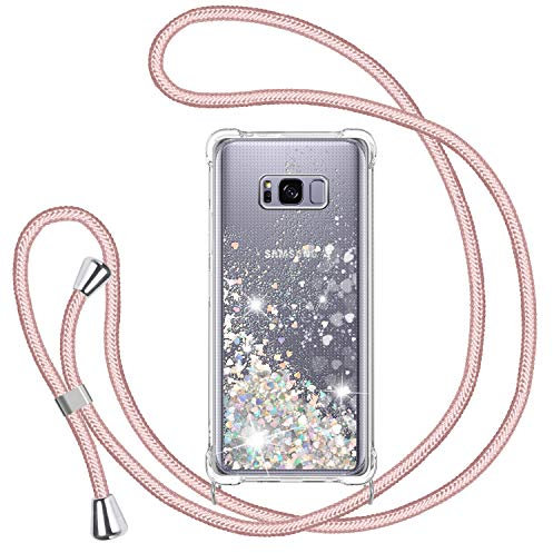TUUT Handyband für Samsung Galaxy S8 Hülle mit Band, Glitzer Treibsand Handyhülle mit Kordel zum Umhängen Transparent Stoßfest Schutzhülle mit Kette Schnur, Quicksand Necklace Case in Roségold