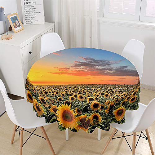Chickw1 Wasserdicht Tischdecke Runde Abwaschbar, 3D Sonnenblume Bedruckte Tischdecken,Tischtuch aus Polyester, Tischdekoration Benutzt für Küche, Esszimmer, Garten (Sonnenuntergang,120cm)