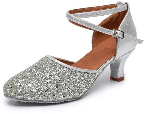 Rosefinch Latein Tanzschuhe für Damen Salsa Bachata Ballsaal Professionelle Performance Tanzschuhe Silber 5cm Absatz 35EU