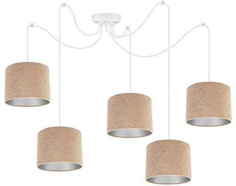 Light-Home Milan Spider Hängelampe - Hängeleuchte in Spinnenform - Deckenlampe – Spinne Lampe mit 5 Kopf - Hängeleuchte aus Metall und Stoff - E27 - Beige und Silber - Weißes Kabel
