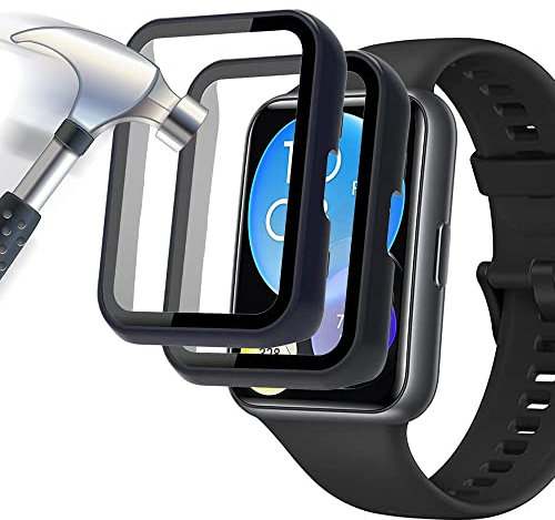 Acadeny 2-Stück Hülle Mit Gehärtetes Glas Displayschutz Kompatibles für Huawei watch fit 2,9H Härte 360° Rundum Schutzhülle Ultradünne Schutz PC Case Cover,schwarz+ blau
