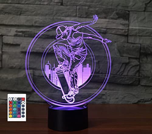 SUPERRUIDALONG 3D Skater Junge Fernbedienung 16 Farben Nachtlichter Illusion Acryl LED Tisch Nachttisch Lampe Kinder Schlafzimmer Schreibtisch Dekor Geburtstag Geschenke Spielzeug für Kinder