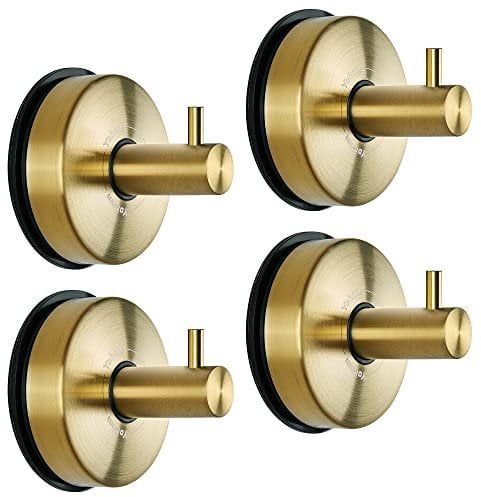 YOHOM 4 pcs Suction Cup Towel Hooks Stainless Steel Bathroom Suction Hooks Sucker Shower Hook Suction Towel Holder for Kitchen Wall Heavy Duty Towel Hanger Coat Robe No Drill Gold