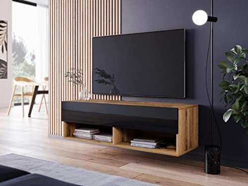 MINIO go for it - Mobile TV Lowboard Anne, Mobile Porta TV Con Ante e Nicchie Aperte, Cassettiera TV in Truciolare Laminato, Pratico e Funzionale, 100x30x33 cm, senza LED - Rovere Wotan/nero lucido
