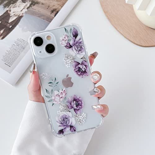 DEFBSC Soft Case Compatible with iPhone 13, Clear Floral Flower Pattern Print Design for Girls Women Flexible Shockproof TPU Bumper Protective Phone Case - Purple Peony