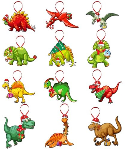 PETCEE Funny Dinosaurs Christmas Ornaments - 12Pcs Dinosaur Ornaments for Christmas Tree Decorations Wooden Farmhouse Dinosaur Figures Decorative Hanging Ornaments Xmas Kids Gifts