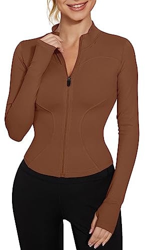 IECCP Womens Long Sleeve Gym Tops Zip Workout Yoga Running T-Shirt Lightweight Fitness Sports Tee with Thumb Holes Brown S