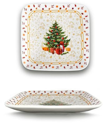 ARCA, Vassoio Albero in Porcellana Quadrato, con Decorazione Natalizia Albero di Natale con Bordo Oro, Resistente e Duraturo, Ideale per la Tavola, Idea Regalo Natale, 18x18 cm