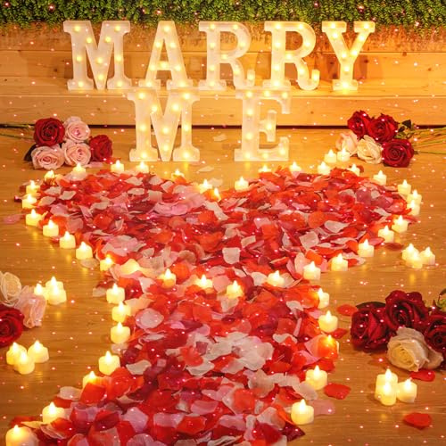 4080 Stück Marry Me Schild Antrag Dekorationen beleuchtete Marry Me Buchstaben mit 72 Stück romantischen Herzkerzen 4000 Stück Rosenblätter USB romantisches Nachtlicht für Valentinstag, Verlobung,
