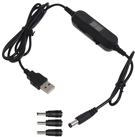 BYUTFA Adapter USB 5 V auf 1,5 V 3 V 4,5 V 6 V 7,5 V 9 V 12 V 2,5 mm/3,5 mm/4,0 mm/5,5 mm einstellbares Spannungskabel mit LED-Anzeige für Spielzeugspiele
