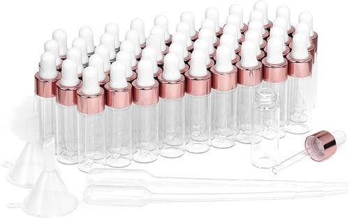 Mini flacons compte-gouttes en verre,50 flacons d'huile essentielle avec bouchon doré rose,utilisés pour les échantillons de parfum,l'huile corporelle,le liquide cosmétique (5 ml)