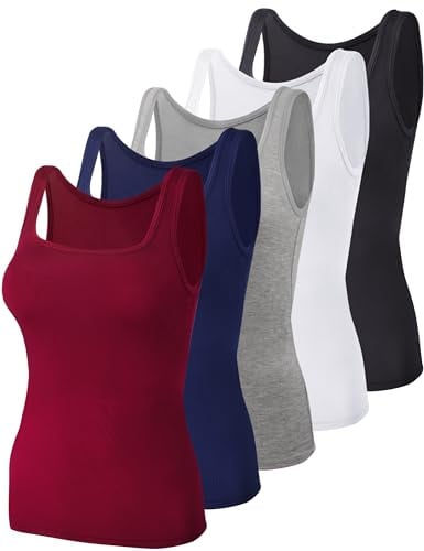 BQTQ 5 Pcs Women's Square Neck Tank Tops Sleeveless Vest Tops Undershirts | Square Neck Undershirts for Women, Slim Fit and Stretchy Summer Tank Tops Ribbed Sleeveless Layering Vest Tops