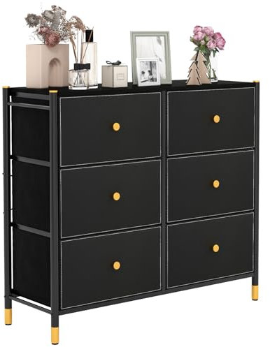 HOMASIS Kommode für Schlafzimmer mit 6 faltbaren Schubladen, aus Stoff, Kommode, Schlafzimmer, platzsparende Kommode für Badezimmer, Eingang, Flur, Schwarz und Gold