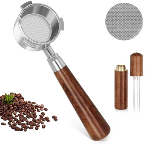 Sindax Porte-filtre à café sans fond de 51 mm avec écran à rondelles, convient pour machine à café Delonghi Dedica EC680, EC685, avec panier filtre en acier inoxydable, poignée en bois massif,