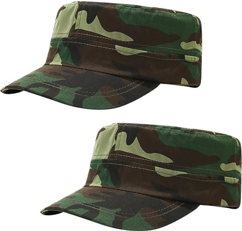 2 Stück Militär Baseball Cap in Grün Tarnfarbe, Flache Sonnenkappe verstellbar für Herren & Damen, Sommer Army Cap
