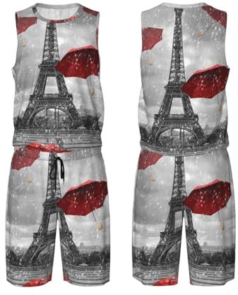 Herren-Basketball-Uniform-Set mit Leopardenmuster – Premium-Basketball-Trikot, Shorts für athletische Leistung, Basketball-Trainingsausrüstung, atmungsaktive, Paris Tower Regenschirm Rot, XXXXL