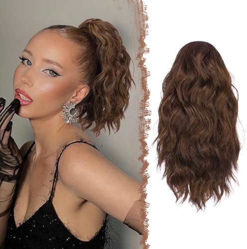 FESHFEN Pferdeschwanz Haarteil mit Kordelzug, 30 cm Wellen Zopf Pferdeschwanz Verlängerung Haare Extension Synthetik Kurz Wellig Haarverlängerung für Damen, Braun & Hellbraun Gemischt