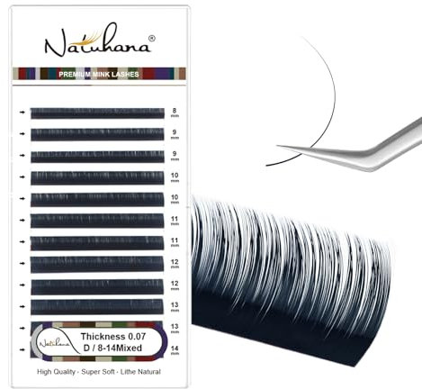NATUHANA Couleur Extension Cils 0.07mm D Curl 8-14mm Mixte Colorés Individuel Volume Russe Naturel Faux Cils Professionnel Eyelash Extensions (Bleu foncé ;0.07 D, 8-14 mm)