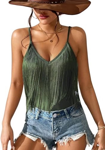 Damen Western-Cowgirl-Fransentop – Country-Konzert-Outfits, Festival, Quastensaum, Boho, Rodeo, Camisole Rave, Tank-Shirt, Grün (Army Green), X-Groß