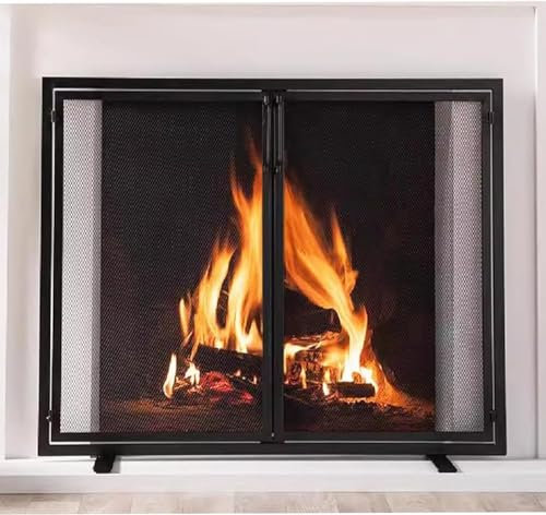 GYDUHYE Heavy Duty Fire Guards with 2 Doors, Home Fireplace Fire Screens, Black Fire Spark Guard, Garden Flame Mesh Cover for Grills, Fire Pit, Open Fire