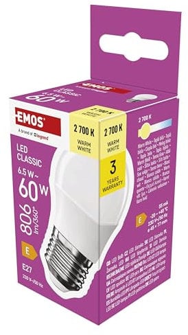 EMOS LED Lampe Mini Globe, 6,5W Ersatz für 60W Glühbirne, kleine Birne mit E27 Sockel, Helligkeit 806 lm, Warmweiß 2700 K, 30000 h Lebensdauer, CRI min. 80, 150° Abstrahlwinkel