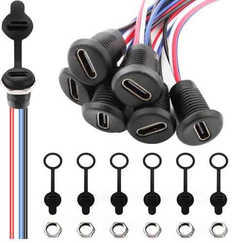 VISSQH 6 PCS USB Type-C Female Chassis,3A 4-pin USB C Soldering Jack,4 Wire USB C Panel Mount connector,24AWG round Waterproof USB C Pigtail Cable Extension Power Cable,USB Type-C Female Power Jack