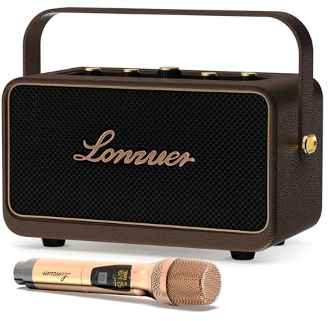 Altoparlante portatile per karaoke, altoparlante Bluetooth retrò in legno da 80W con microfono, batteria da 10000mAh, tempo di riproduzione 10 ore, BT, AUX, USB, TWS, adatto per feste e viaggi