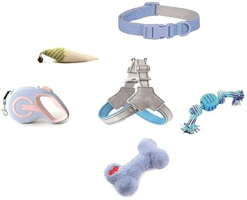 GearPrice Set mit 6 Details für Hunde Hundegeschirr Brustgeschirr/Flexi Rollleine New/Hundehalsband Hundespielzeug 3X usw (L/Blau)