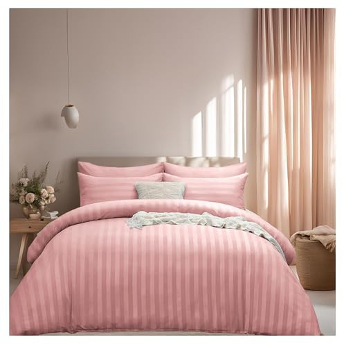 J.Din Super King Size Satin Stripe Reversible Duvet Cover Sets, Blush Pink | Soft Brushed Microfiber Bedding 3 Piece Duvet Bed Set Hotel Quality Quilt Cover with 2 Pillowcases