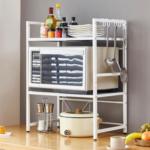 Expandable Microwave Oven Rack, Telescopic Kitchen Counter Storage Organizer with 6 Hooks, Free Standing Adjustable Spice Rack, Heavy Duty Microwave Stand Baker's Rack Pot & Pan Rack (3-Tier White)