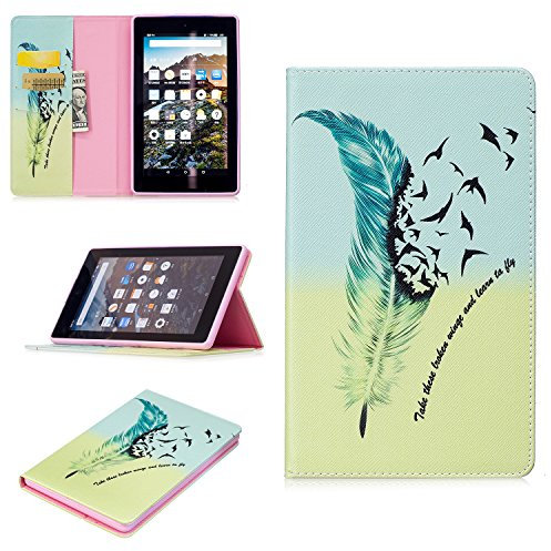 TEDTIKJT Custodia per Amazon Fire 7 7 2017 Custodia PU Pelle Flip Cover con Slot per Carte Supporto Protettiva Tablet Cover,Uccellino Piuma