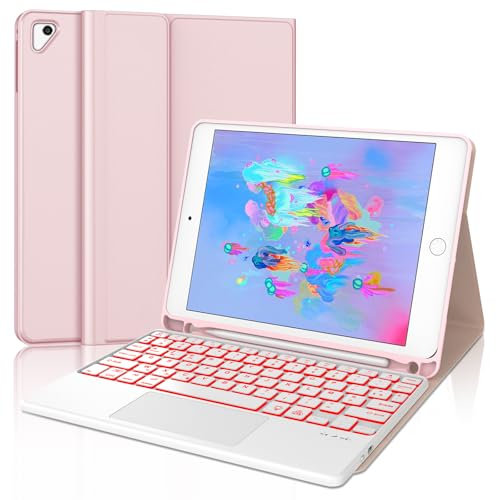 JADEMALL Coque Clavier avec Trackpad pour iPad 6eme/5eme Generation 2018/2017, AZERTY Clavier avec Pavé Tactile pour iPad Air 2/1 9.7 Pouces, Rétroéclairé Détachable sans Fil avec Porte-Crayon, Rose