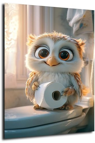 DRO Design Eule 30x40 cm – Lustige Tier-Deko für WC & Bad – Humorvolle Baby-Tier Kunst für Gäste-WC – Moderne Badezimmerdeko – Hochwertiges Poster für das Badezimmer, Canva